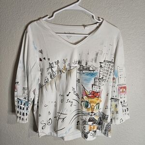 Chico's White Cat and City Print Long Sleeve Top
